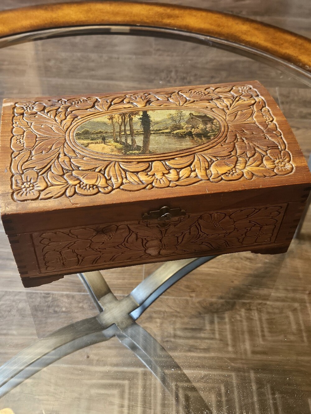 VTG Hand Carved Wood Jewelry or Trinket Box River Stream Trees